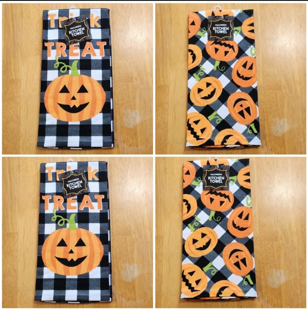 4 New 100% Cotton Black & White Check Pumpkin Face Halloween Kitchen Towels